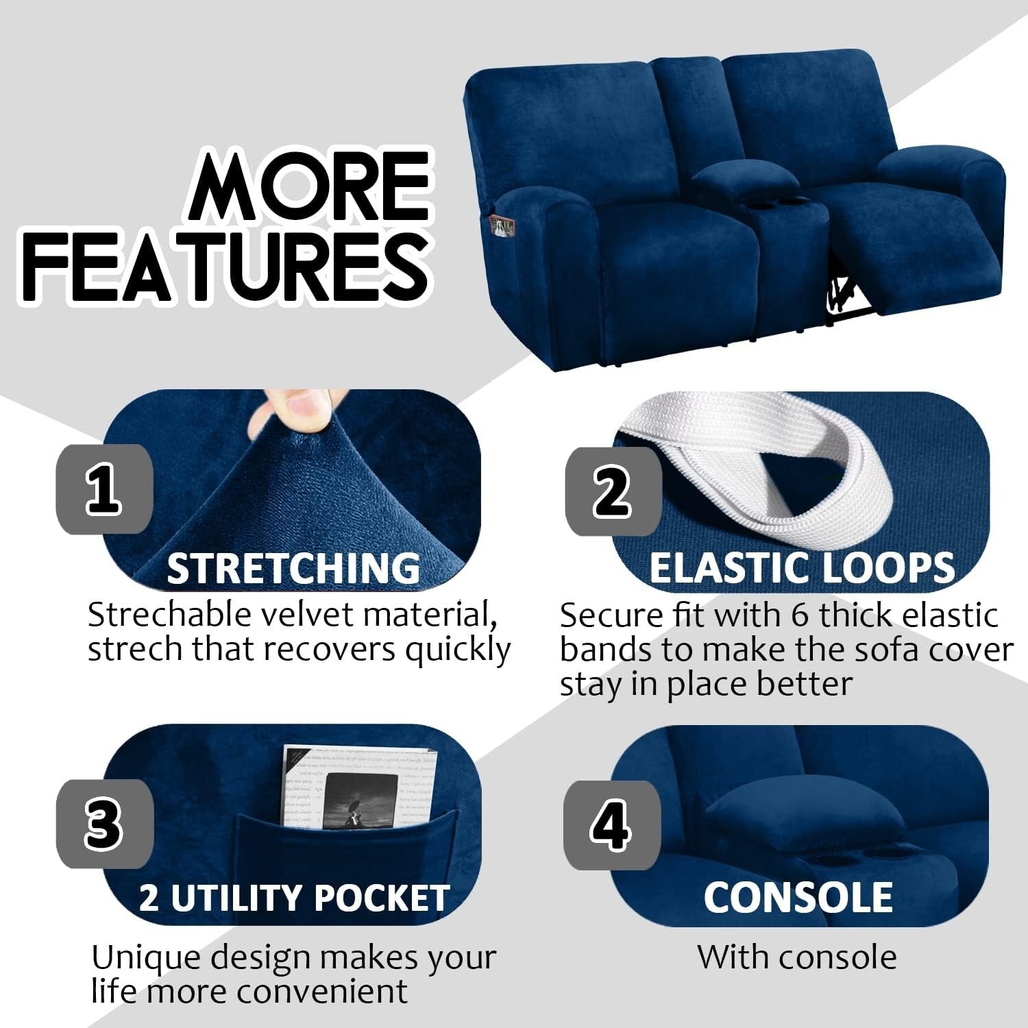 Elegant Navy 8-Piece Stretch Slipcover for Loveseat Recliners - Machine Washable