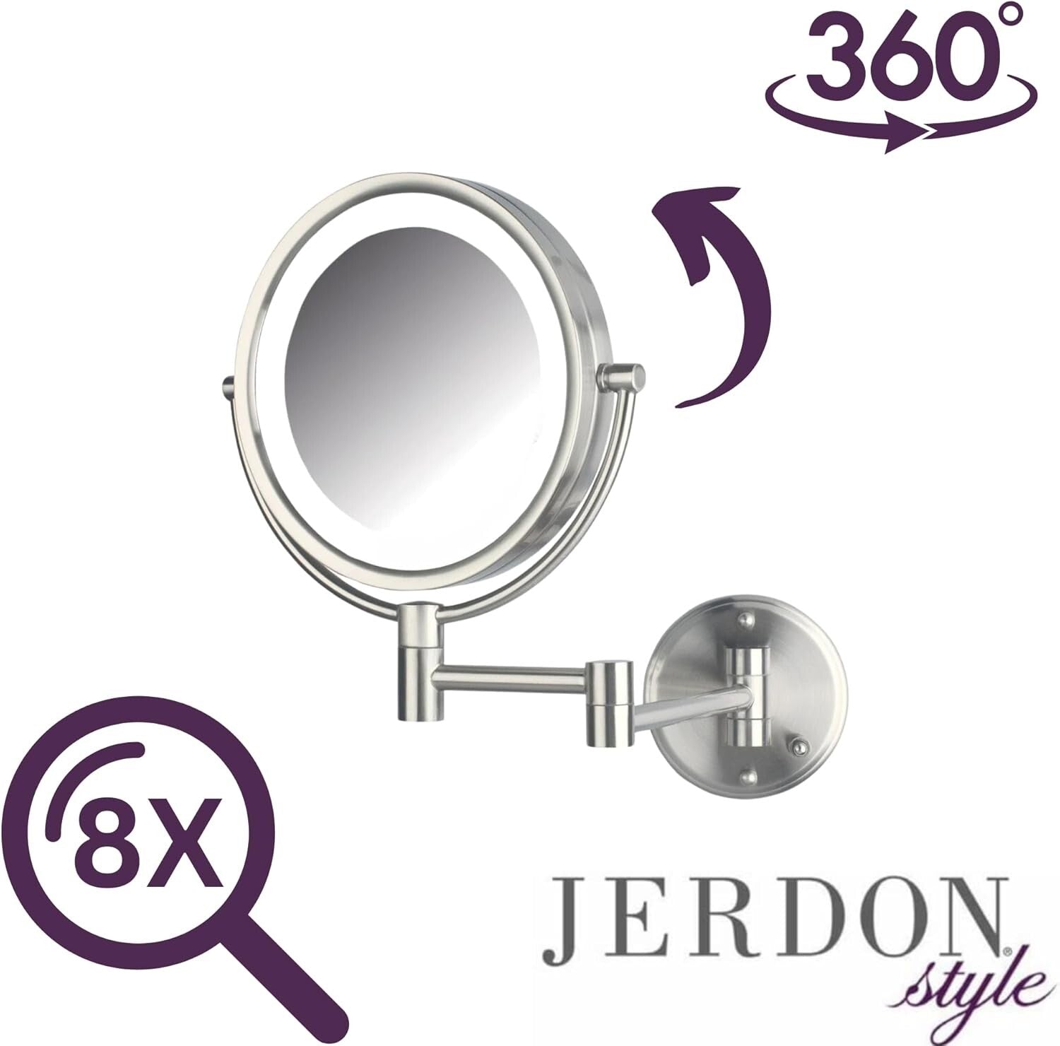 Luxury Wall-Mounted Makeup Mirror with Lights - 8X Magnification, Nickel Finish