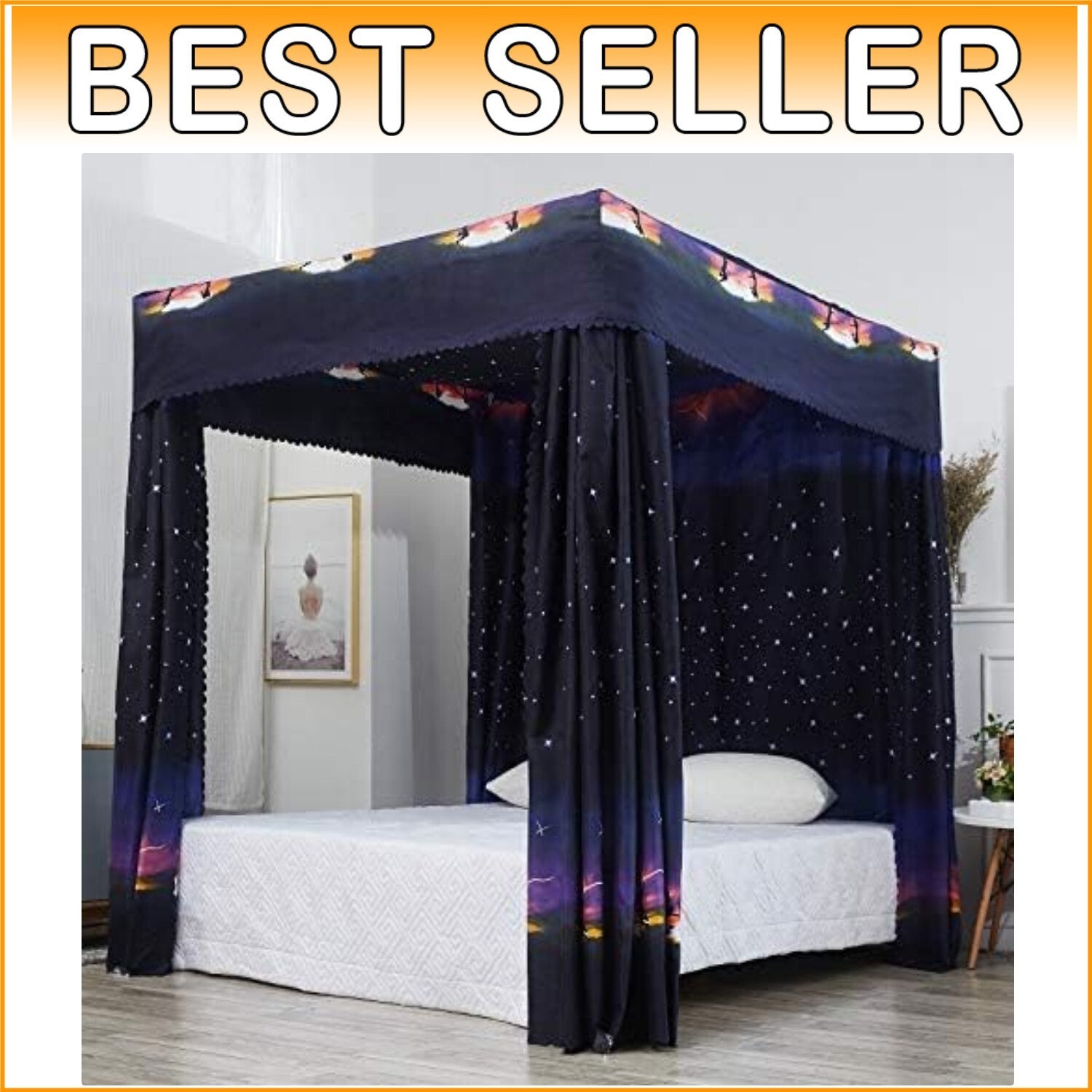 Elegant Galaxy-Themed Bed Curtain Canopy for Queen Size - Waterproof Design
