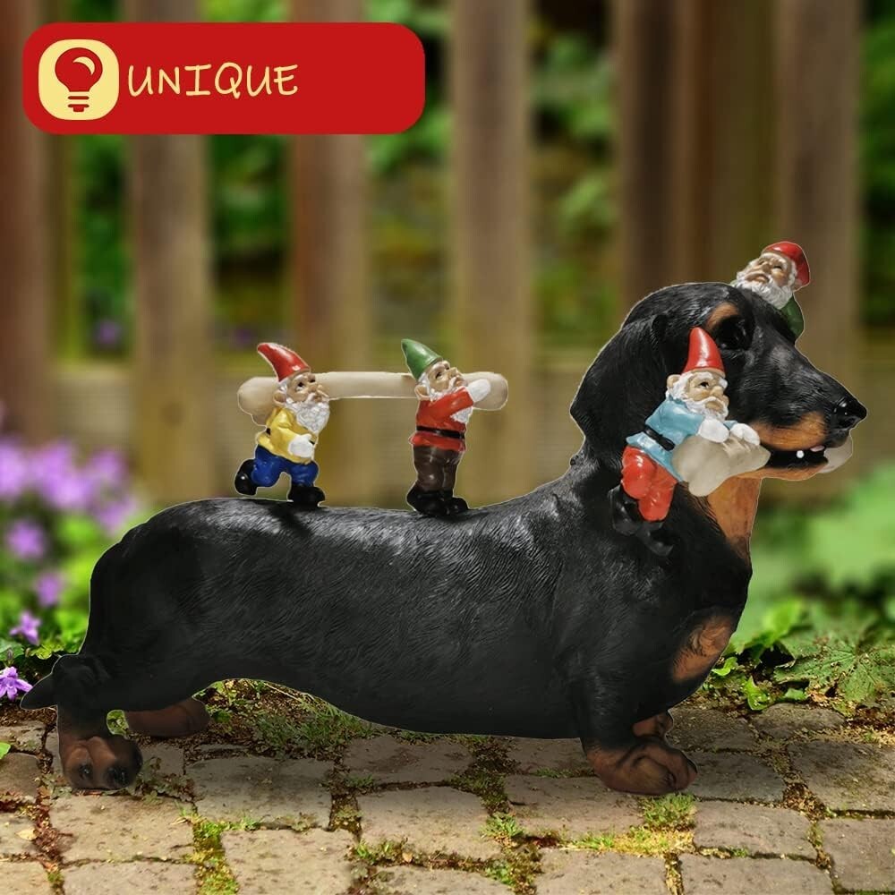 Funny Dachshund Gnome Collecting Bones - 12" Outdoor Statue for Gardens