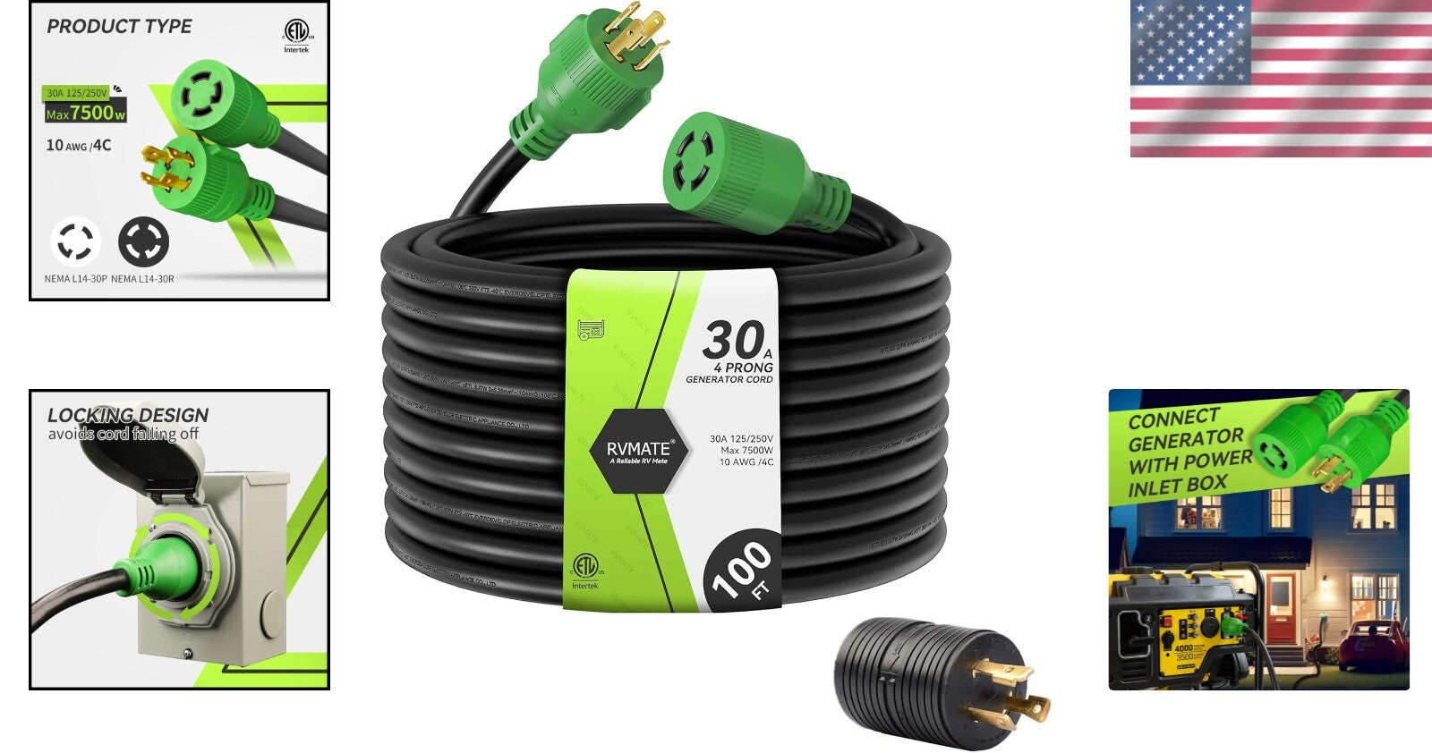 Flexible and Flame-Retardant 30 Amp Generator Cord 100ft for Safe Power Supply