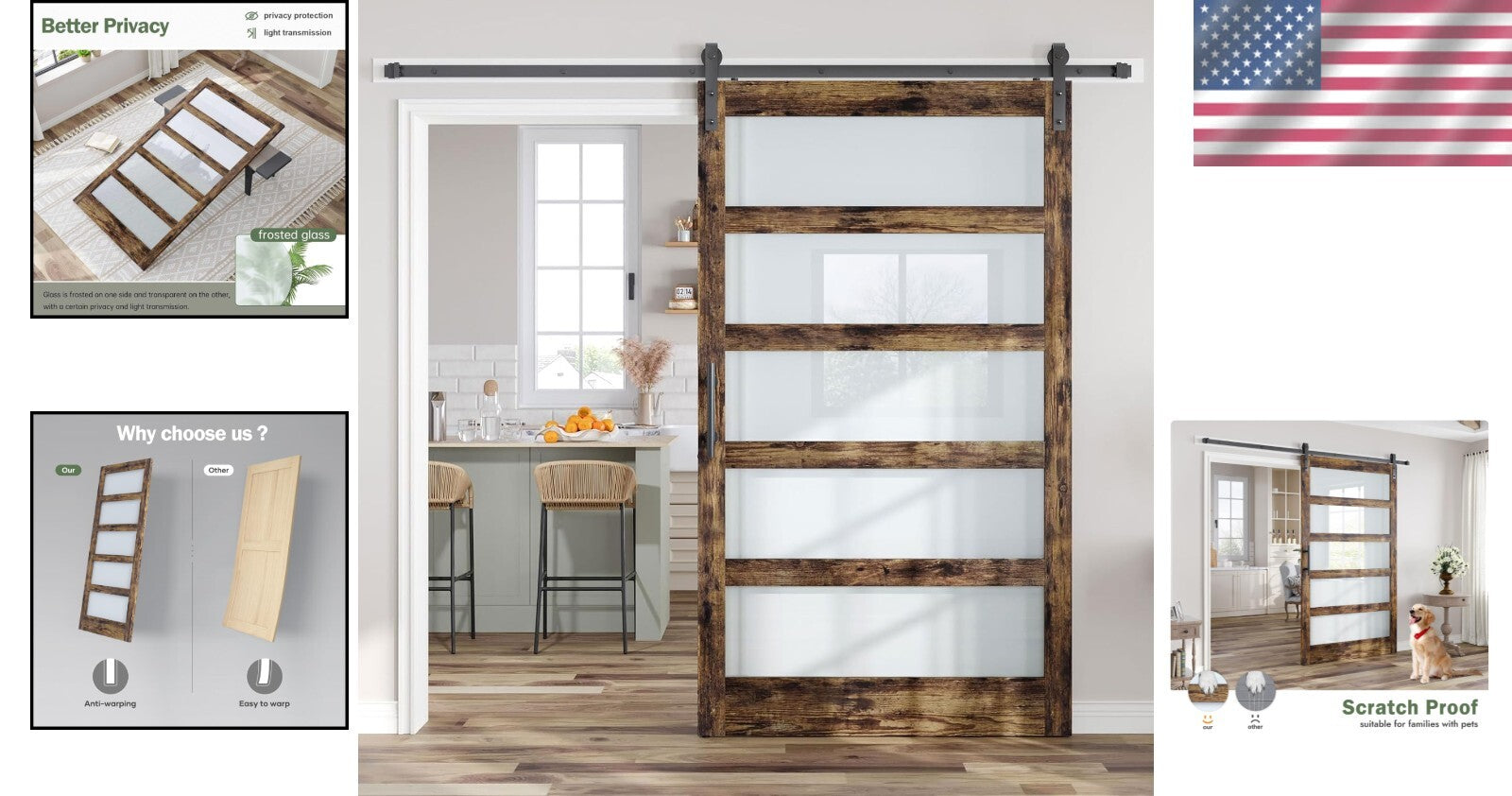 Elegant Brown LVL Wood Sliding Barn Door Kit - DIY Assembly with Frosted Glass