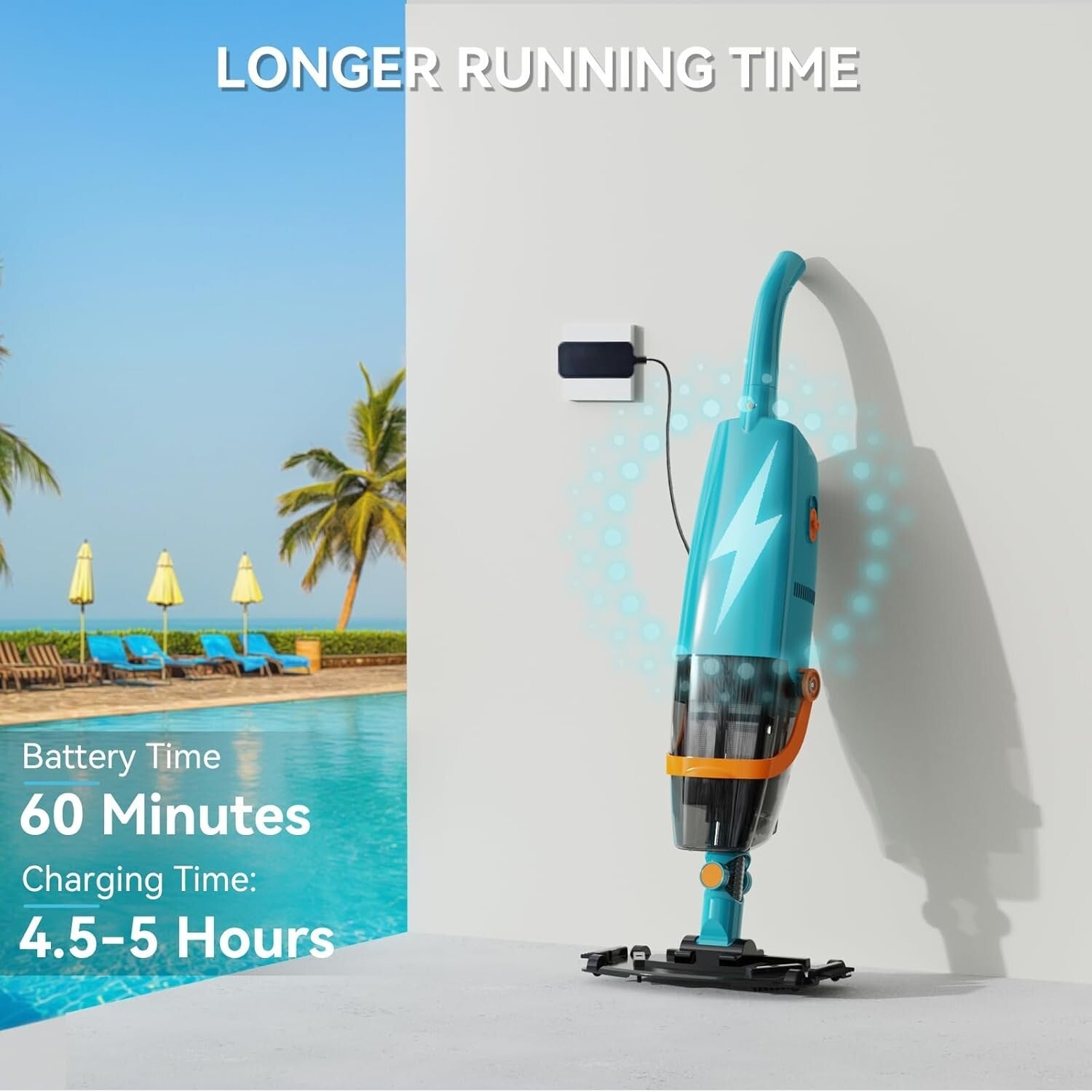 Cordless Handheld Pool Vacuum with Telescopic Pole - 60 Mins Runtime, Lake Blue