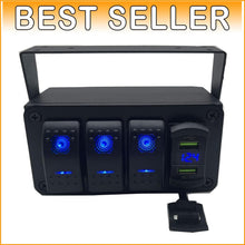 Load image into Gallery viewer, Aluminum Rocker Switch Panel with LED Voltmeter &amp; Dual USB Charger for Boats
