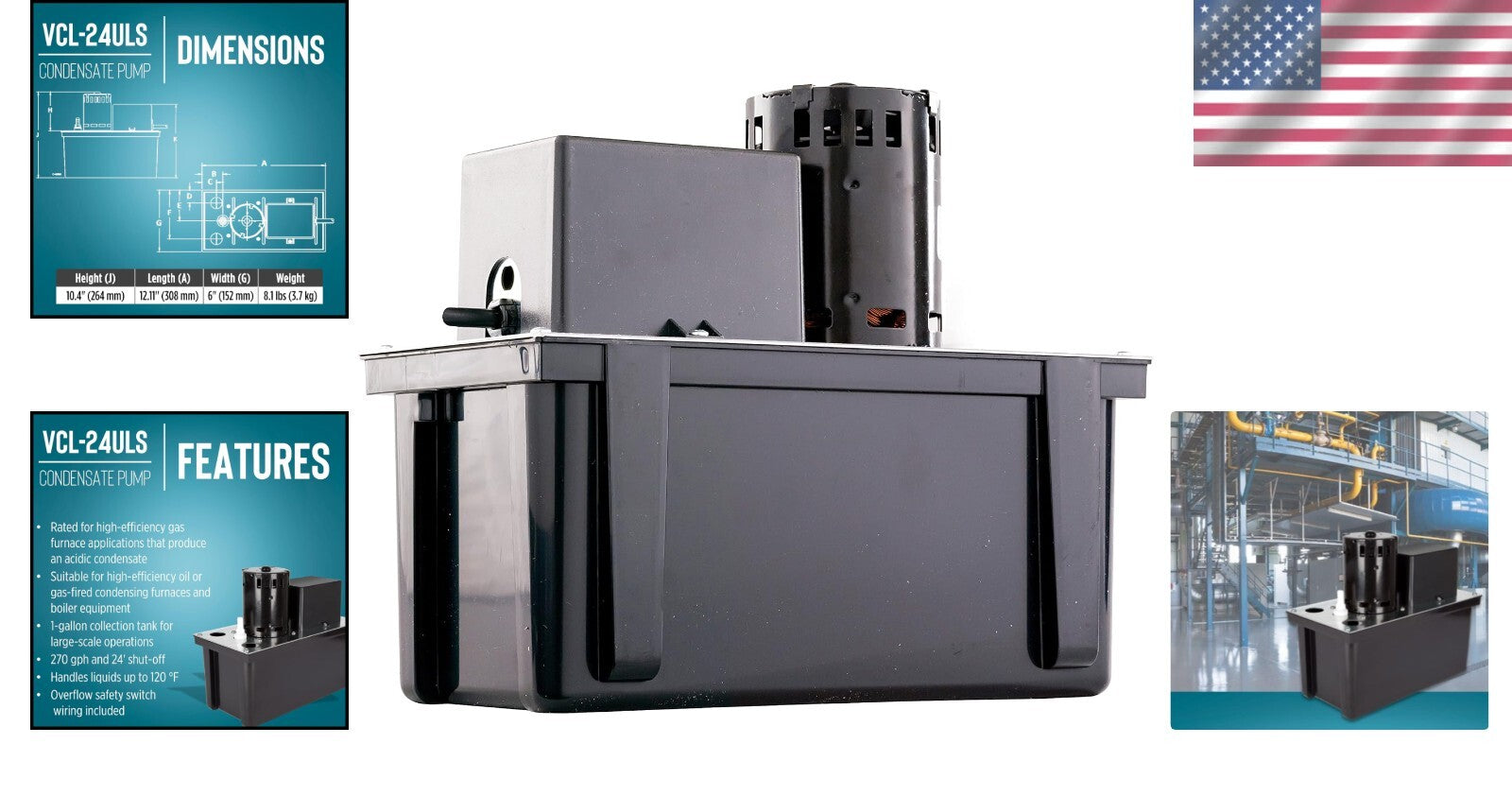 High-Efficiency 115V Condensate Removal Pump - 270 GPH with Overflow Protection