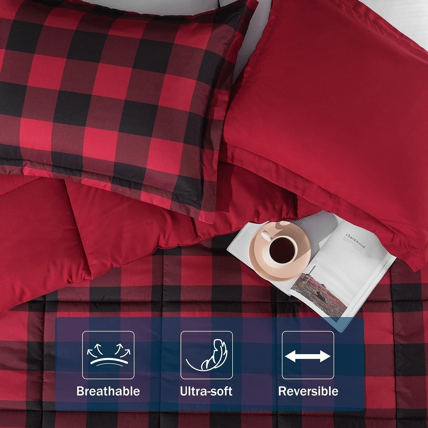 Durable and Soft King Size Comforter Set - Red/Black Plaid Pattern - 3 Pieces