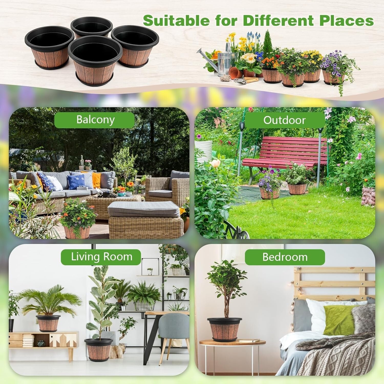12-Inch Whiskey Barrel Plant Pots - Outdoor & Indoor Planters with Trays