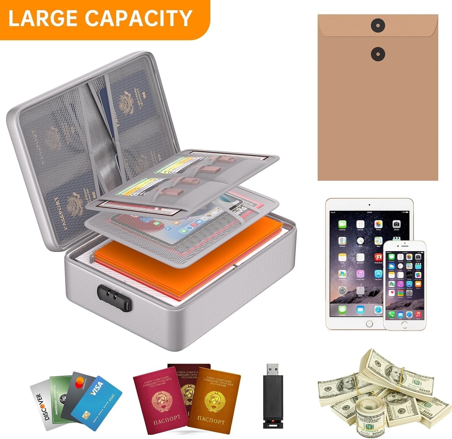 5200°F Fireproof Document Organizer with Lock - Waterproof Travel Safe Storage