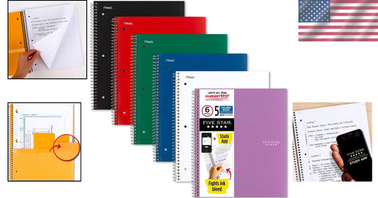 5-Subject Ink Bleed-Resistant Spiral Notebooks, Study App, Assorted Colors