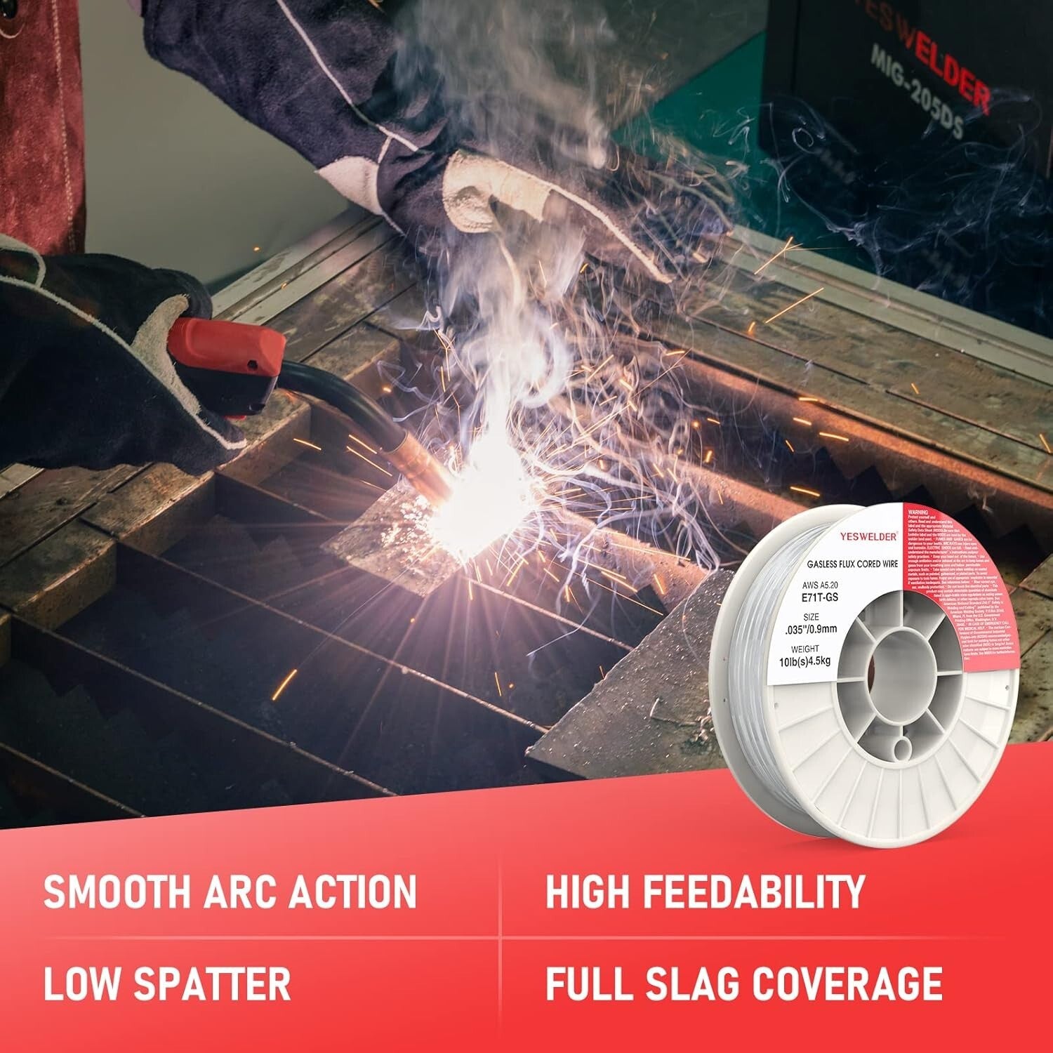 E71TGS .035'' Flux Core Mild Steel MIG Wire - 10 lb Durable Spool for Welders