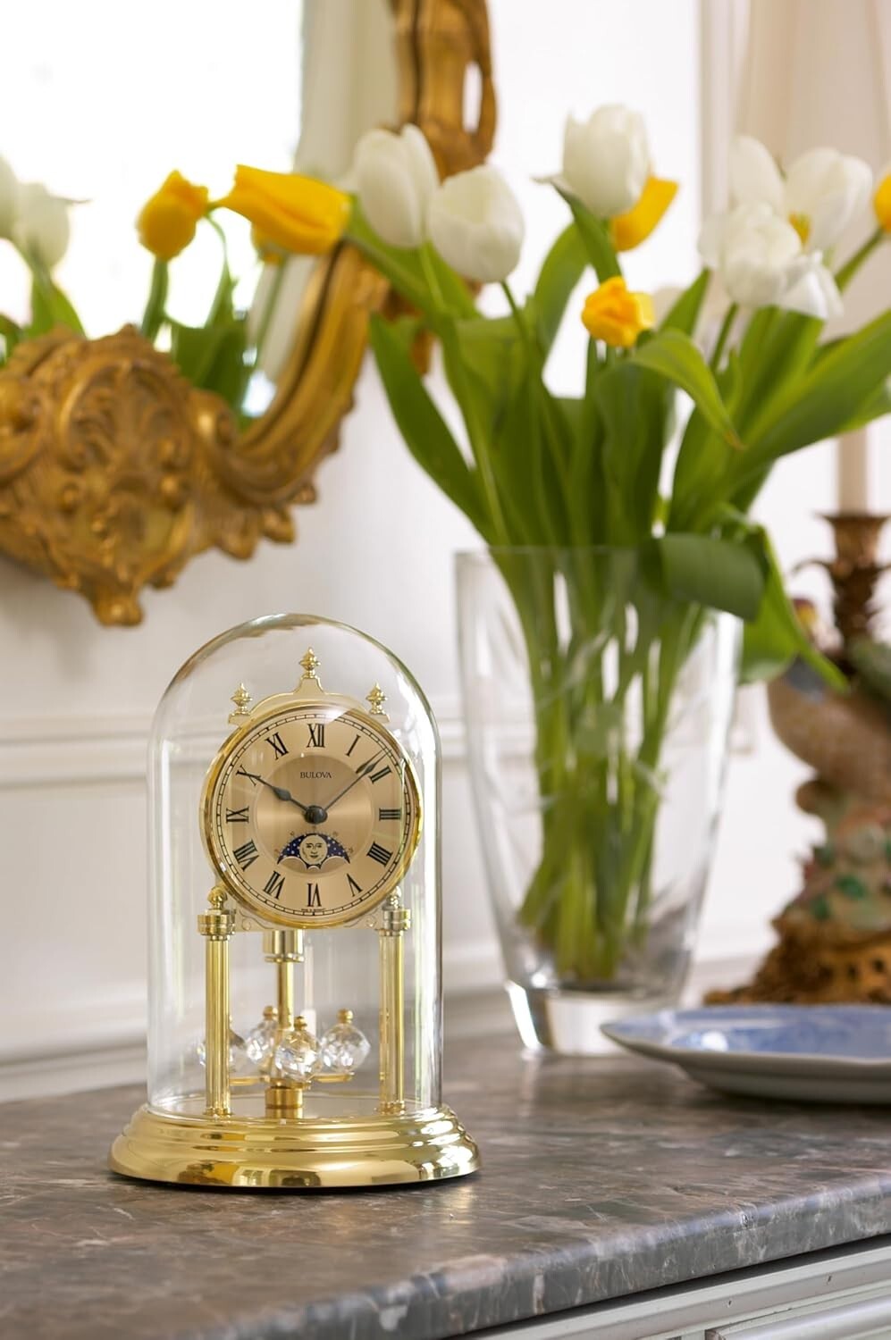 Elegant Analog Clock with Revolving Pendulum & Brass Finish - Tabletop Design