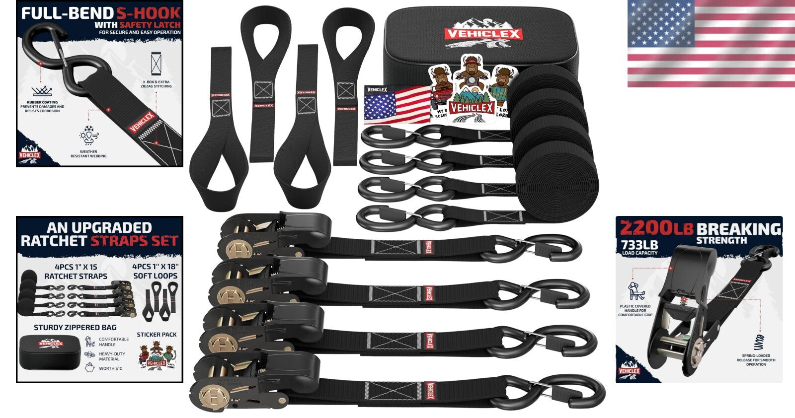 Durable 1" x 15' Ratchet Tie-Down Straps - 2200lbs Capacity for Safe Transport