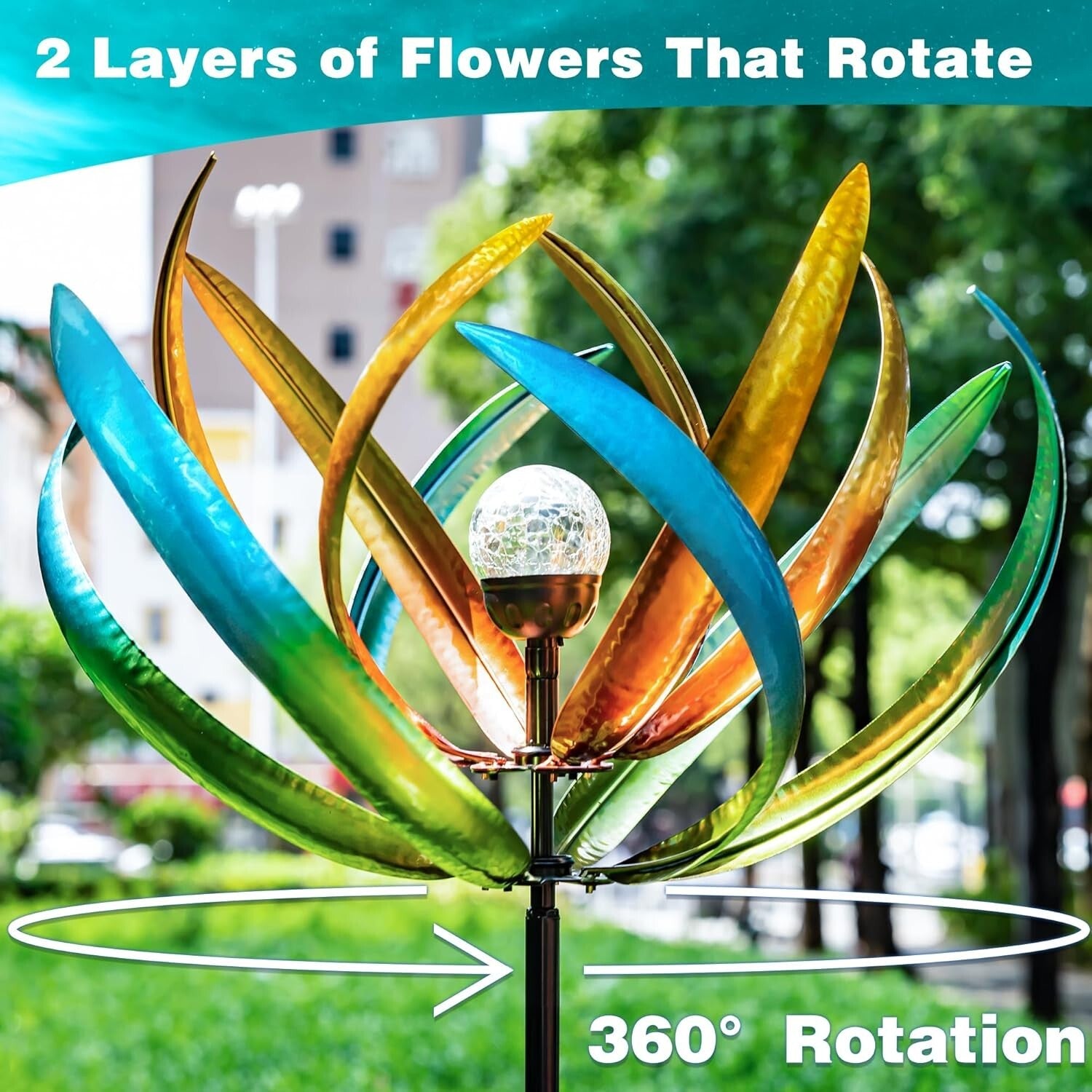 82-Inch Weather-Resistant Solar Wind Spinner - Vibrant LED Floral Design