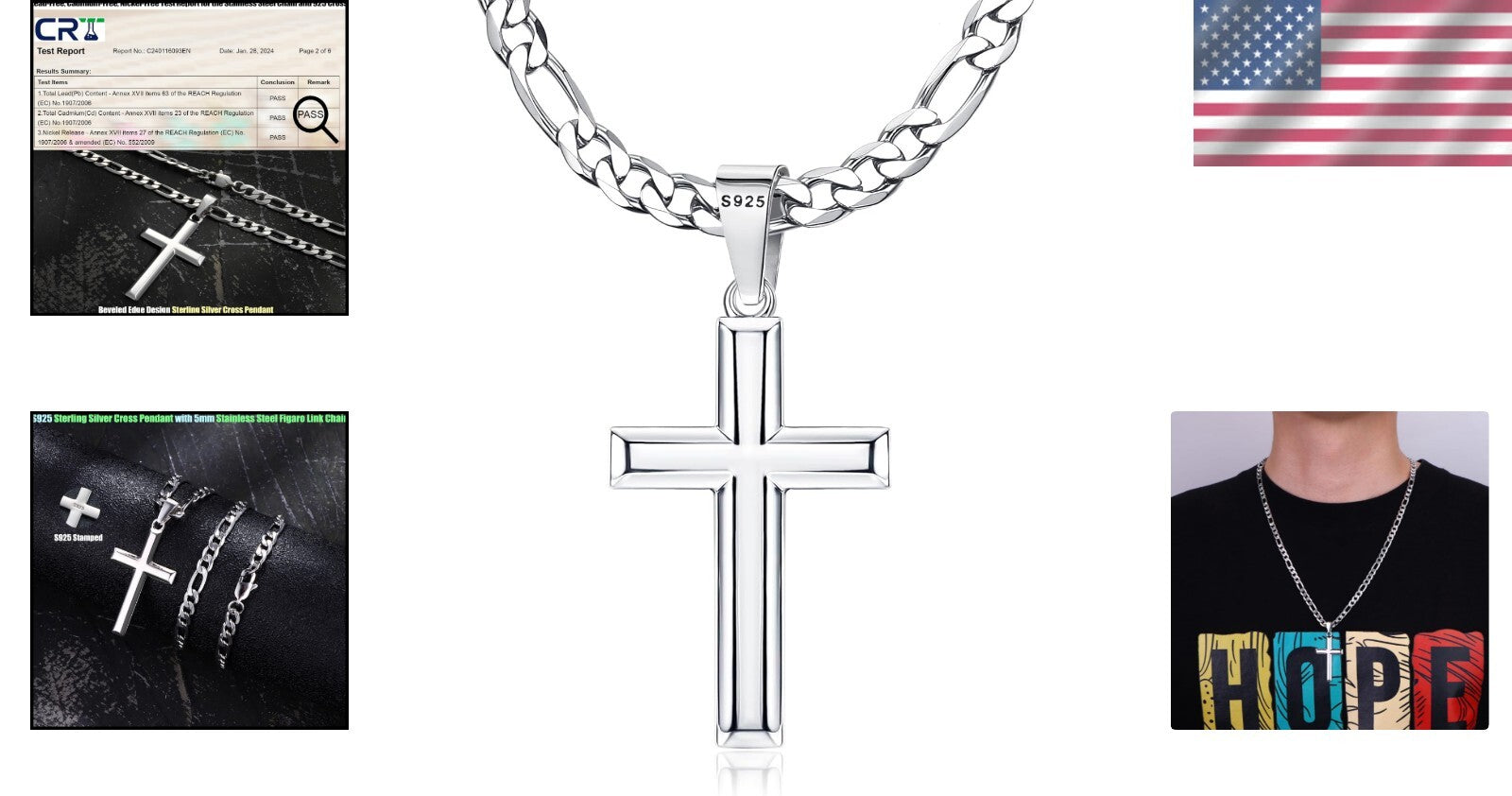 925 Sterling Silver Cross Necklace with Durable Figaro Chain - Gift Box Included