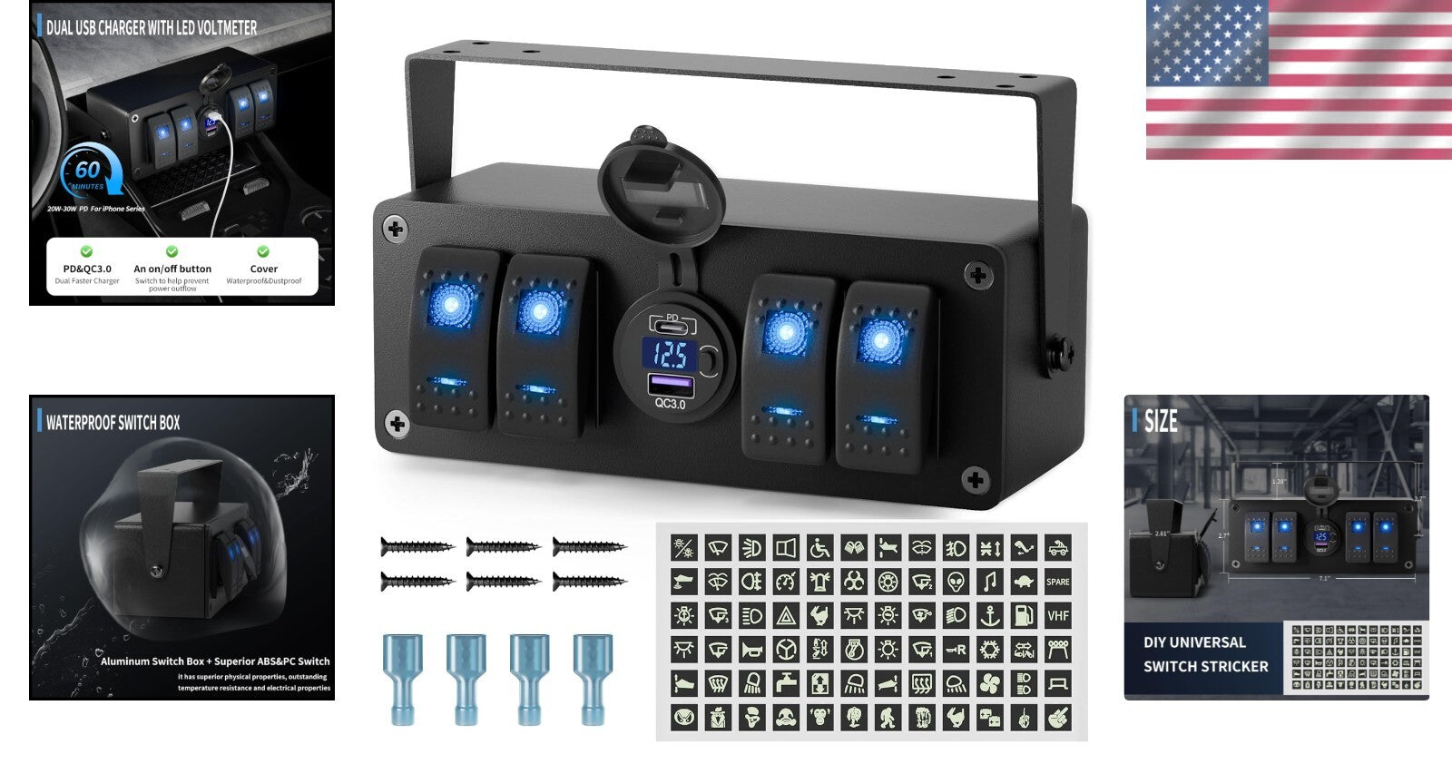 Durable Marine 4 Gang Switch Box with Built-in LED Voltmeter & Adjustable Mount