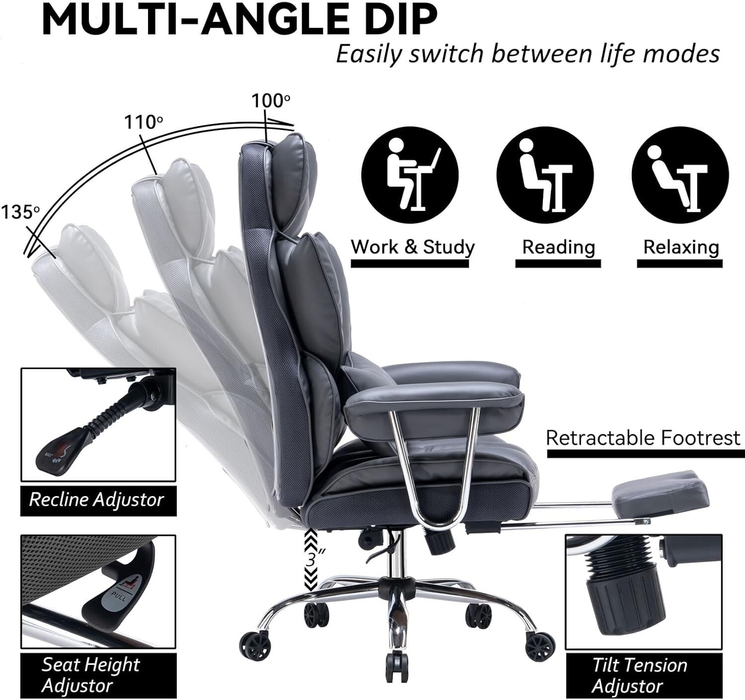 Big and Tall High Back Computer Chair with Footrest - Mineral Grey Elegance