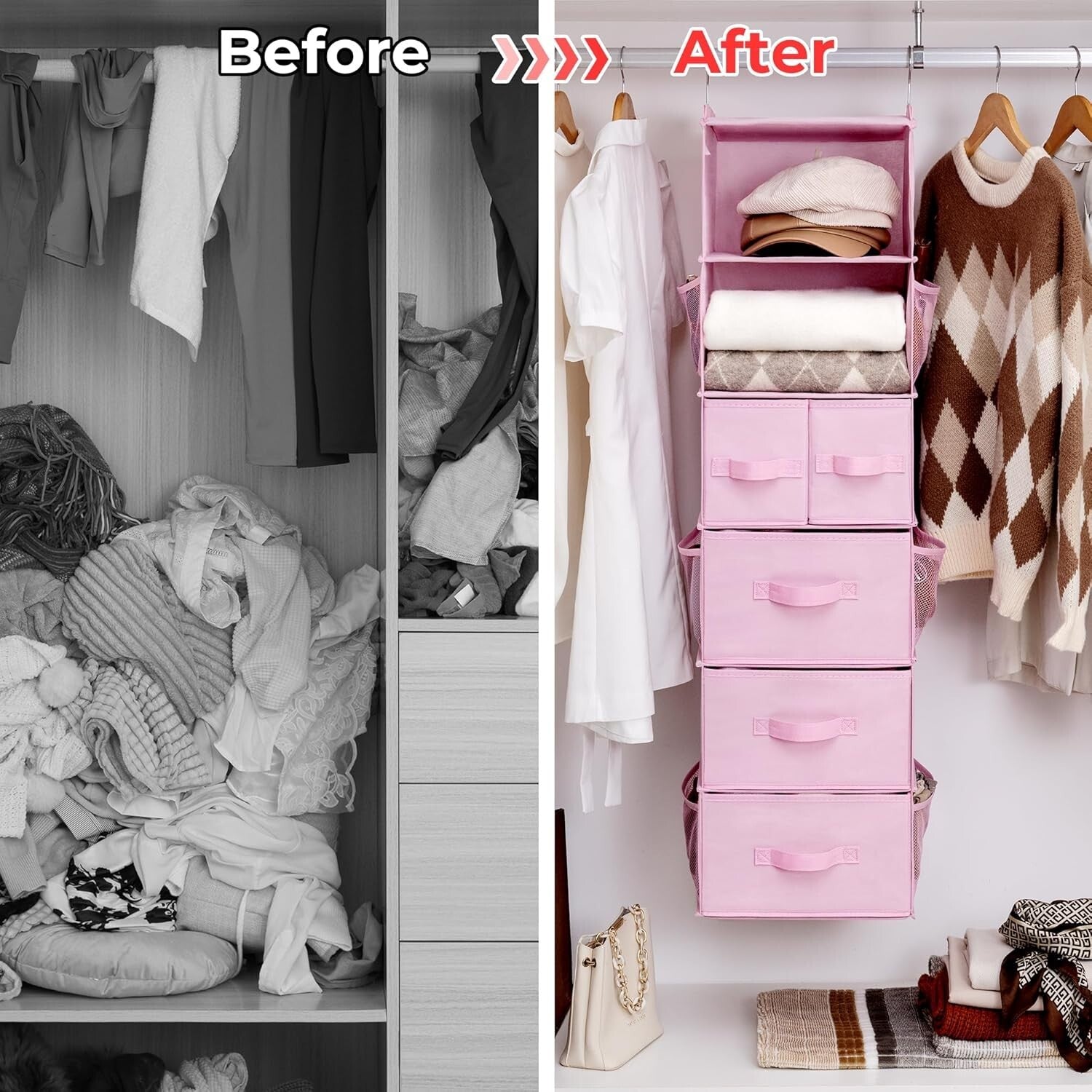 Portable 6-Shelf Hanging Closet Organizer with Pockets – Ideal for Baby Rooms