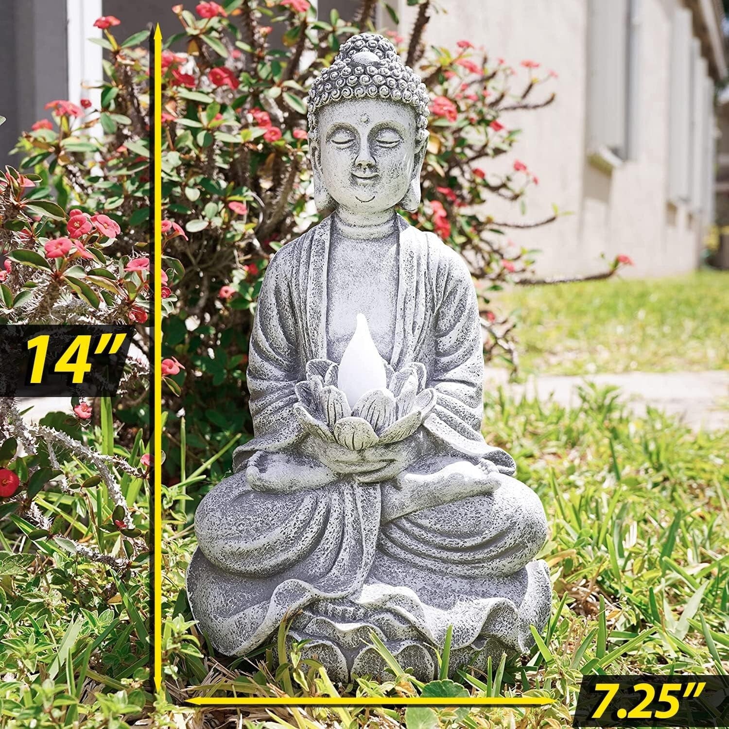 Elegant Buddha Statue for Outdoors: Solar LED Light for Year-Round Tranquility