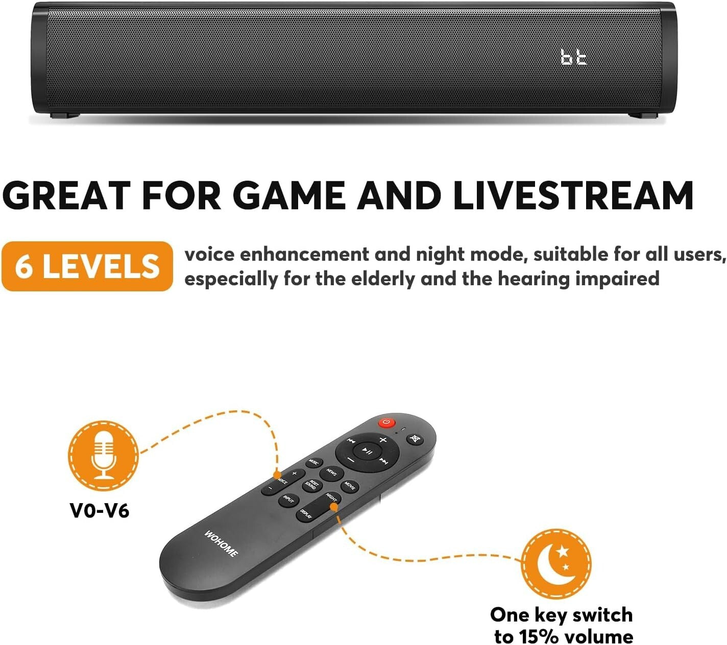 2.1 Channel Small Soundbar with Built-in Subwoofer & 6 Voice Enhancement Levels