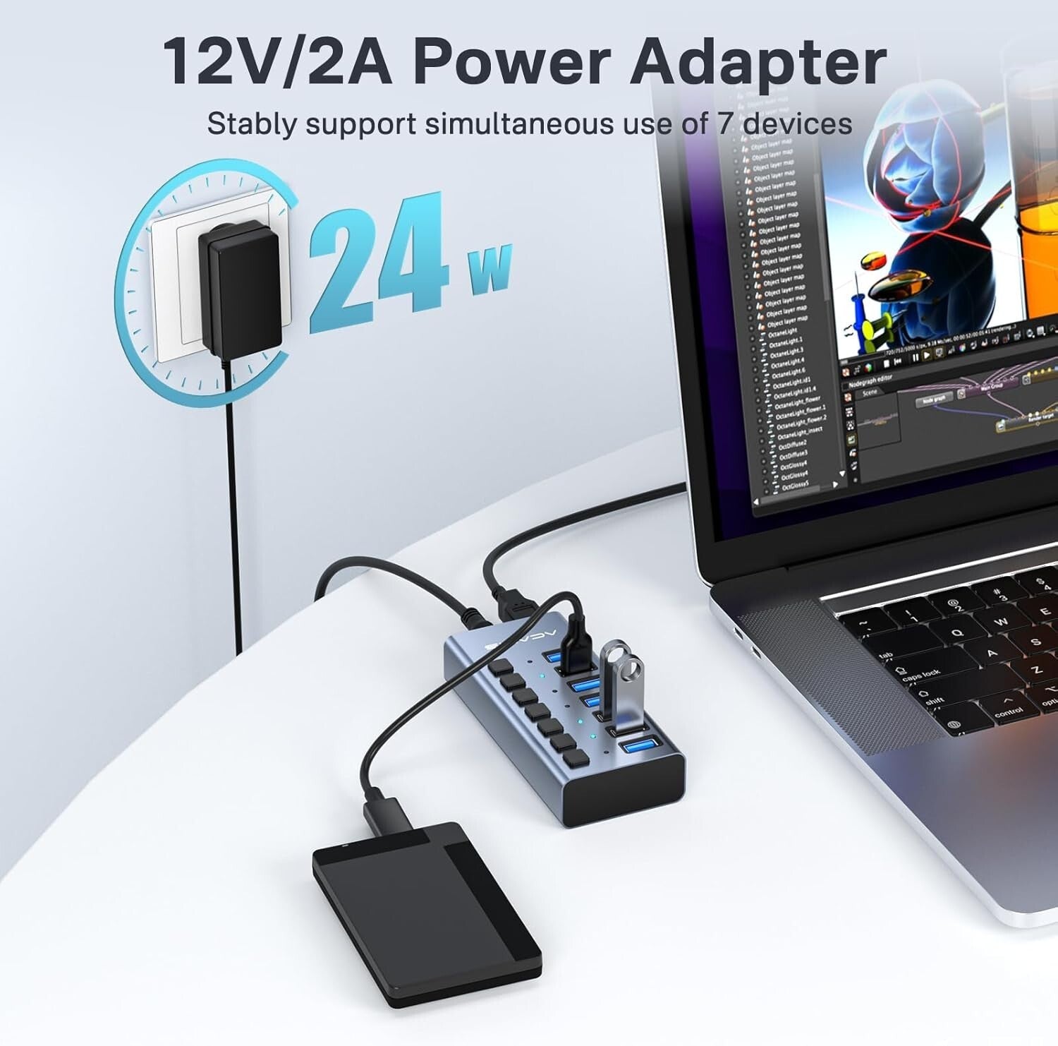 Powered USB 3.1 Hub: 7 High-Speed Ports with Switches for Safe Charging Needs