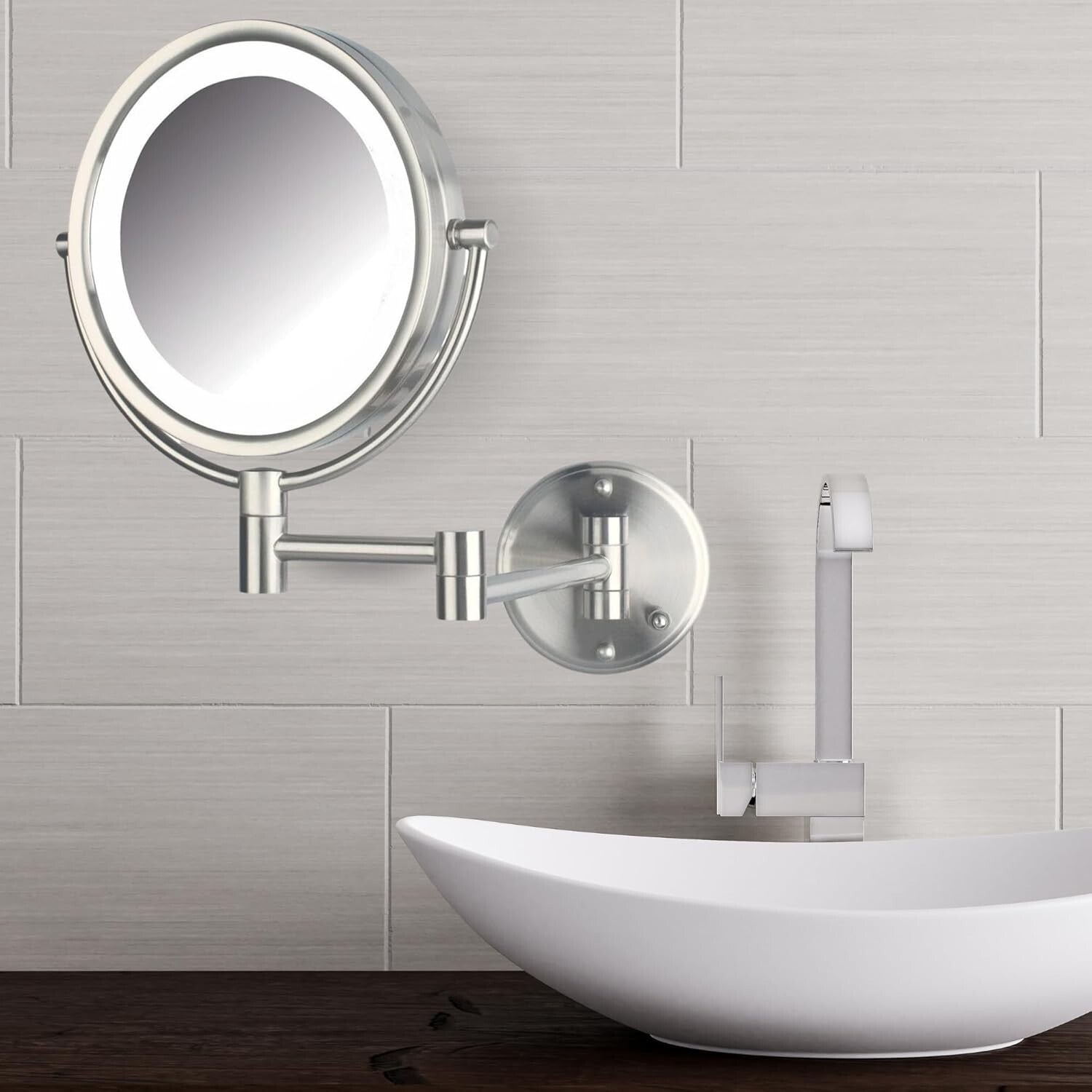 Brushed Nickel Lighted Makeup Mirror - 8X Magnification for Flawless Grooming