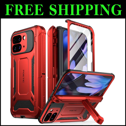 Rugged Metallic Red Case for Google Pixel 9 Pro Fold with Kickstand & Protection