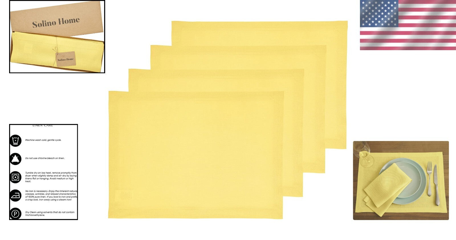 Cheerful Linen Placemats 14x19" in Sunshine Yellow - Machine Washable Set of 4