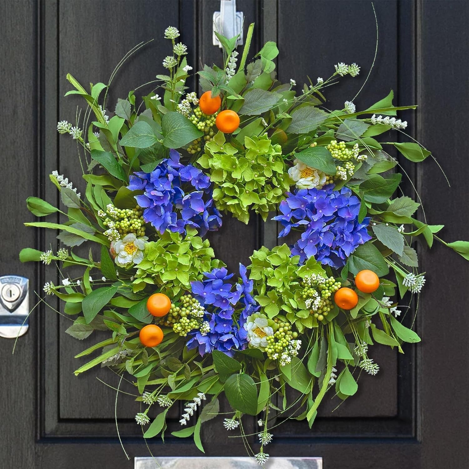 Elegant 22'' Round Wreath with Hydrangea & Realistic Oranges for All Seasons