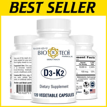 Load image into Gallery viewer, Natural Vitamin D3 &amp; K2 Capsules - 120 Count for Bone and Cardiovascular Support