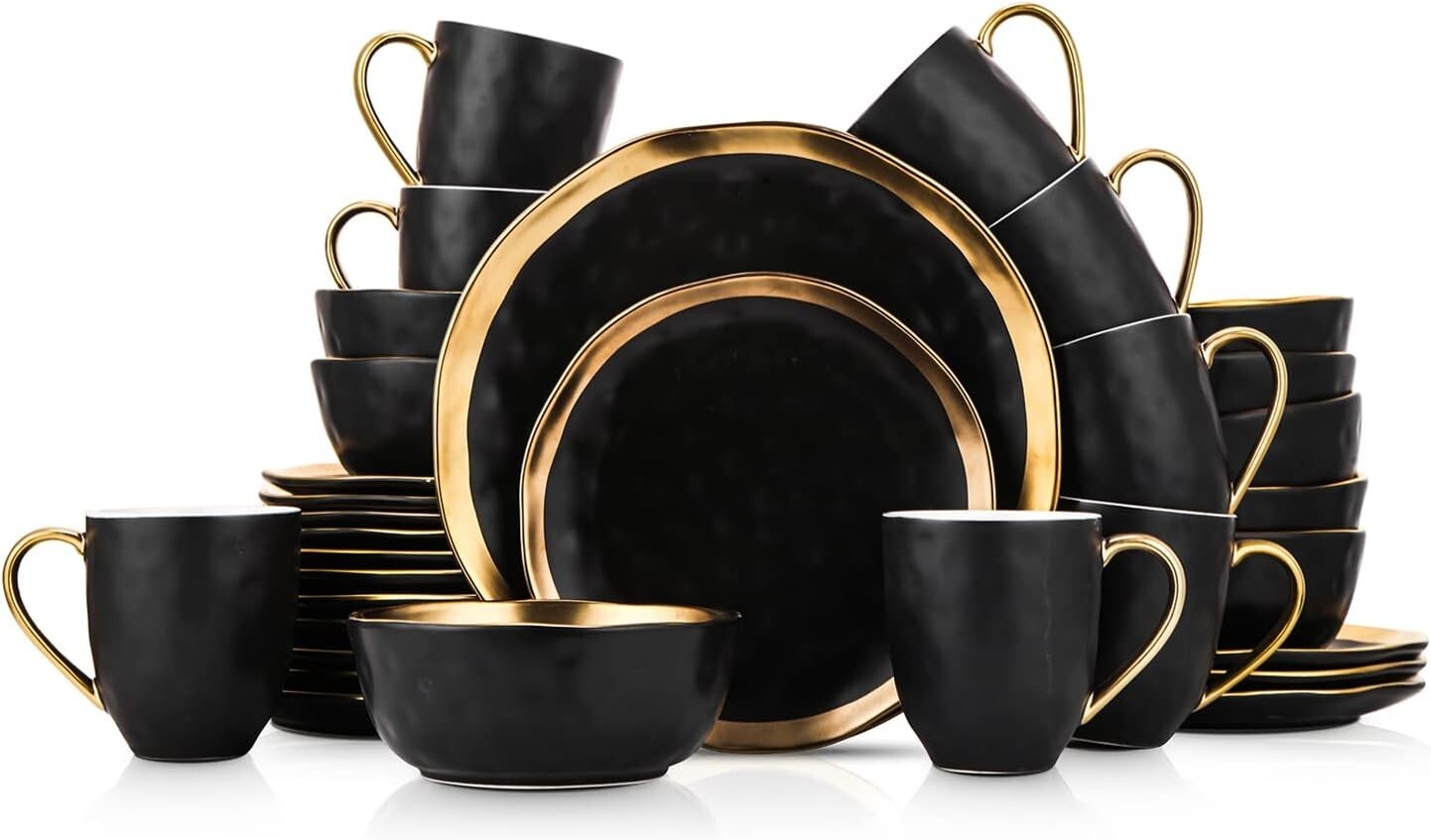 Sophisticated Gold-Accented Black Porcelain Dish Set, Service for 8 - Florian