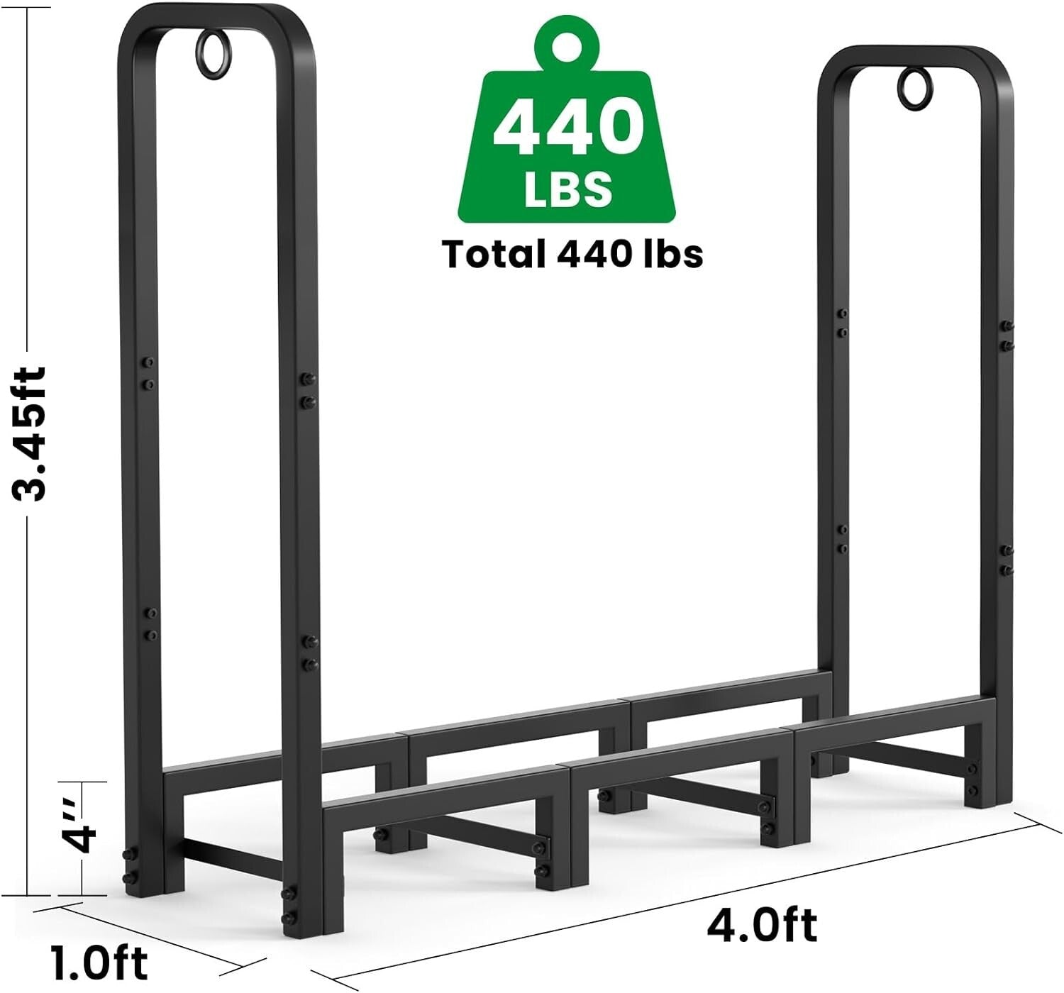 Black Alloy Steel Firewood Rack - 4ft Log Holder for Outdoor & Indoor Use