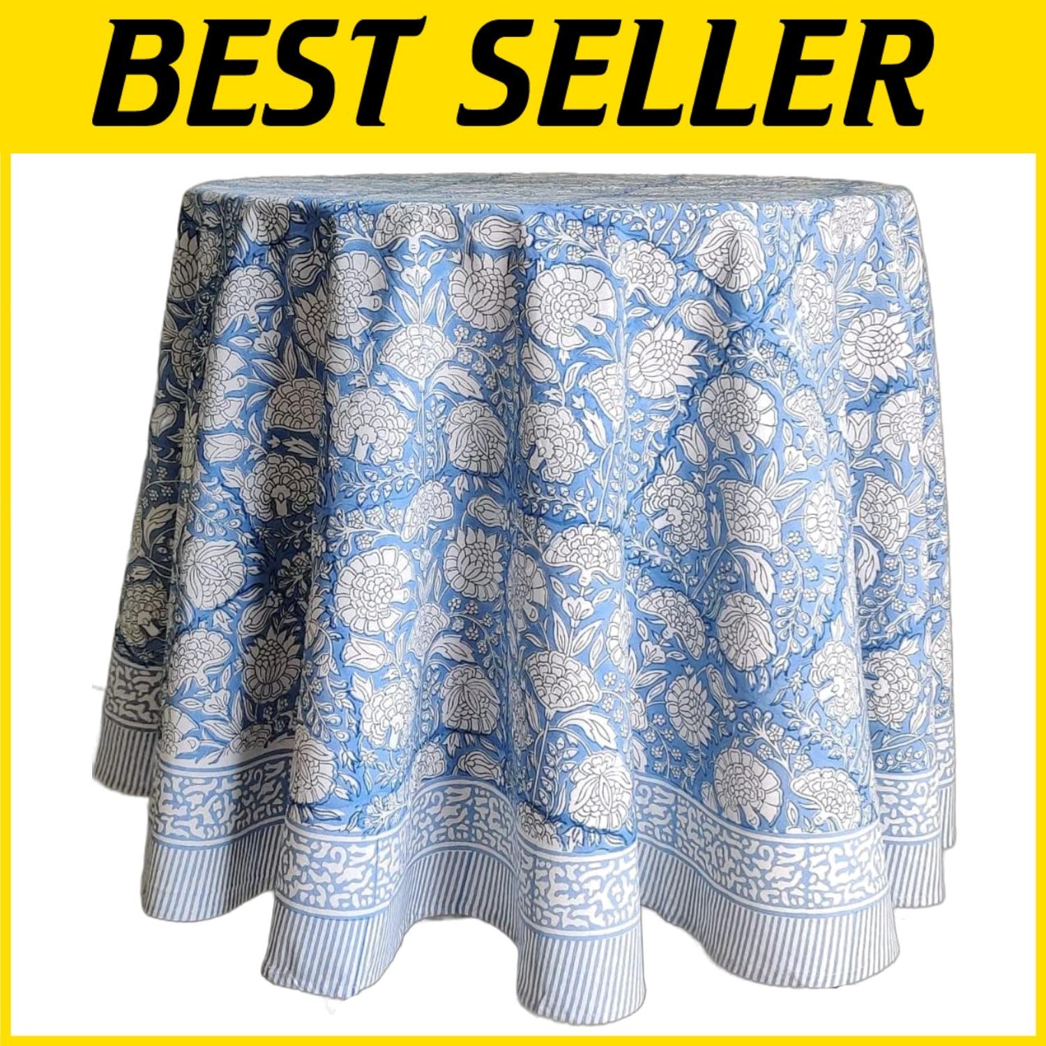 Elegant Azora Blue 100% Cotton Round Tablecloth - Machine Washable and Durable