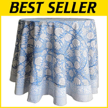 Load image into Gallery viewer, Elegant Azora Blue 100% Cotton Round Tablecloth - Machine Washable and Durable