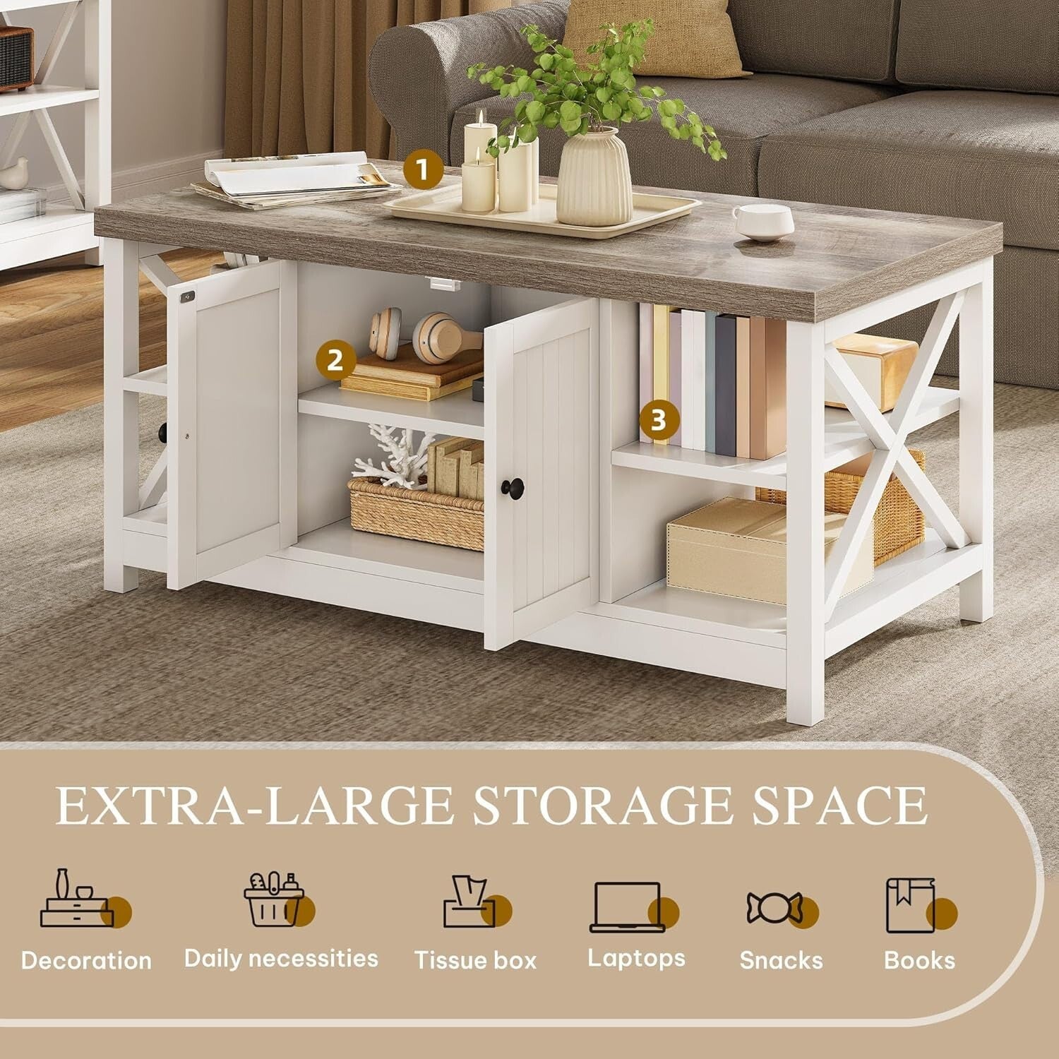 Farmhouse-Modern Coffee Table with Storage Cabinet and Easy Assembly - 39-inch