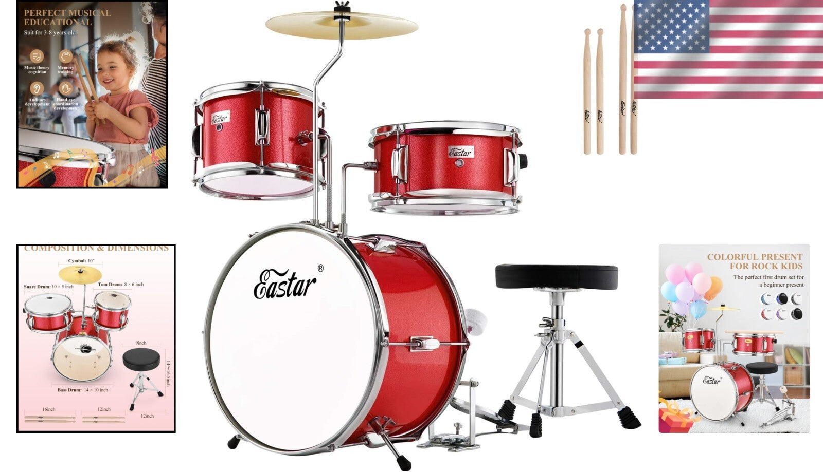 14-Inch Poplar Wood Drum Set for Kids with Cymbal & Drumming Essentials