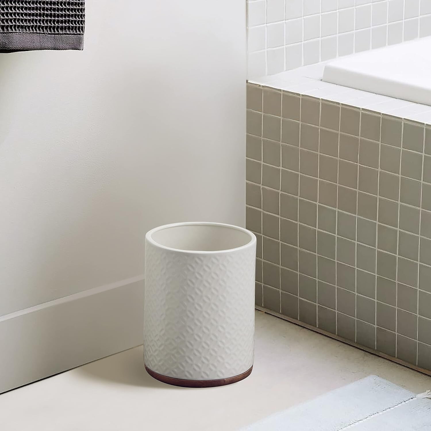 Ceramic Decorative Trash Can with Wooden Base - Luxurious Bathroom Wastebasket