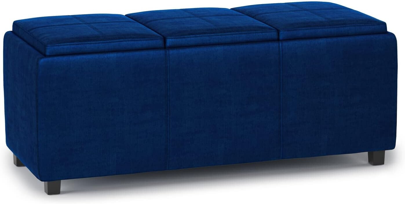 Elegant Rectangular Storage Ottoman - Assembled Blue Velvet with Serving Trays