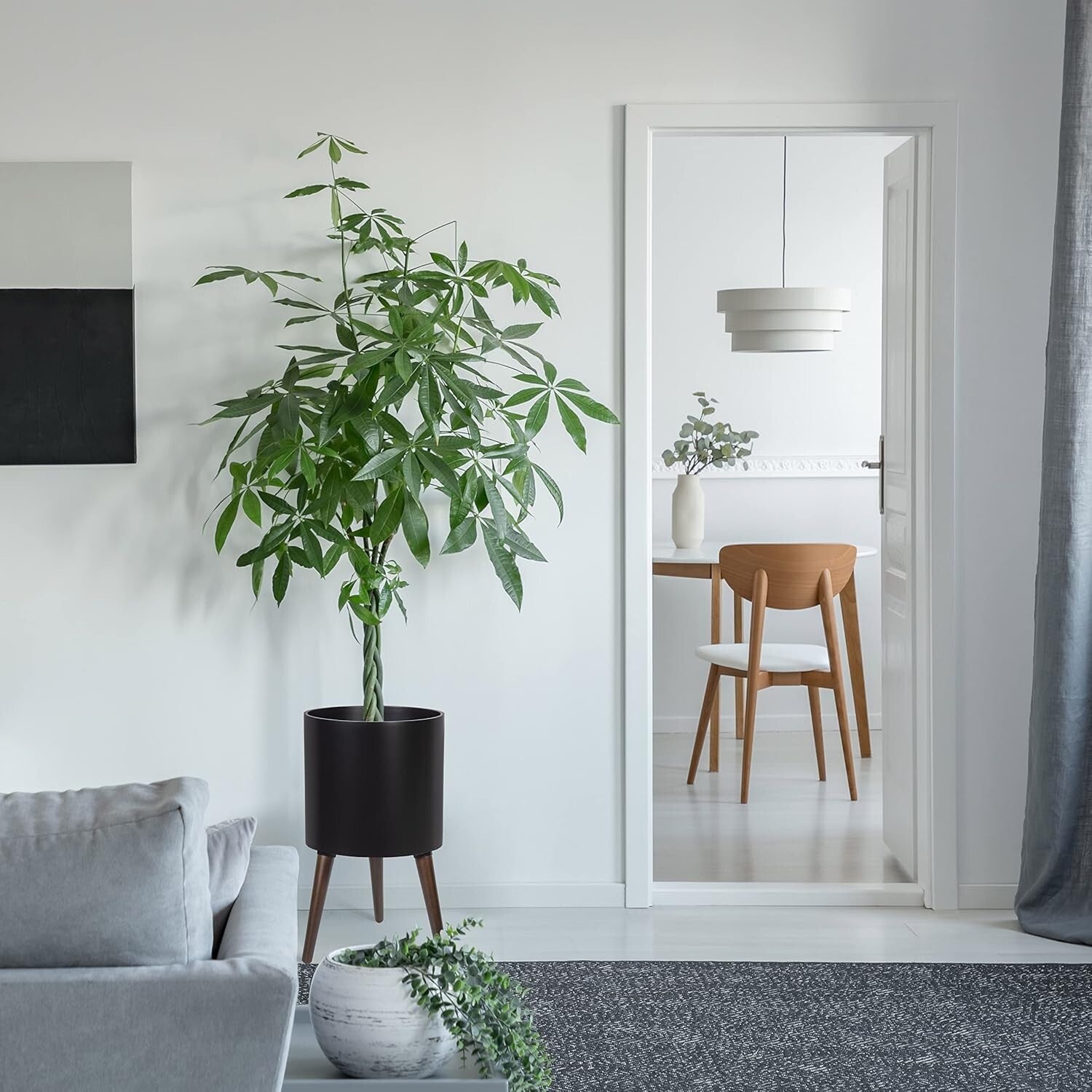 Elegant 12 Inch Indoor Planter Pot with Drainage and Stylish Wooden Stand