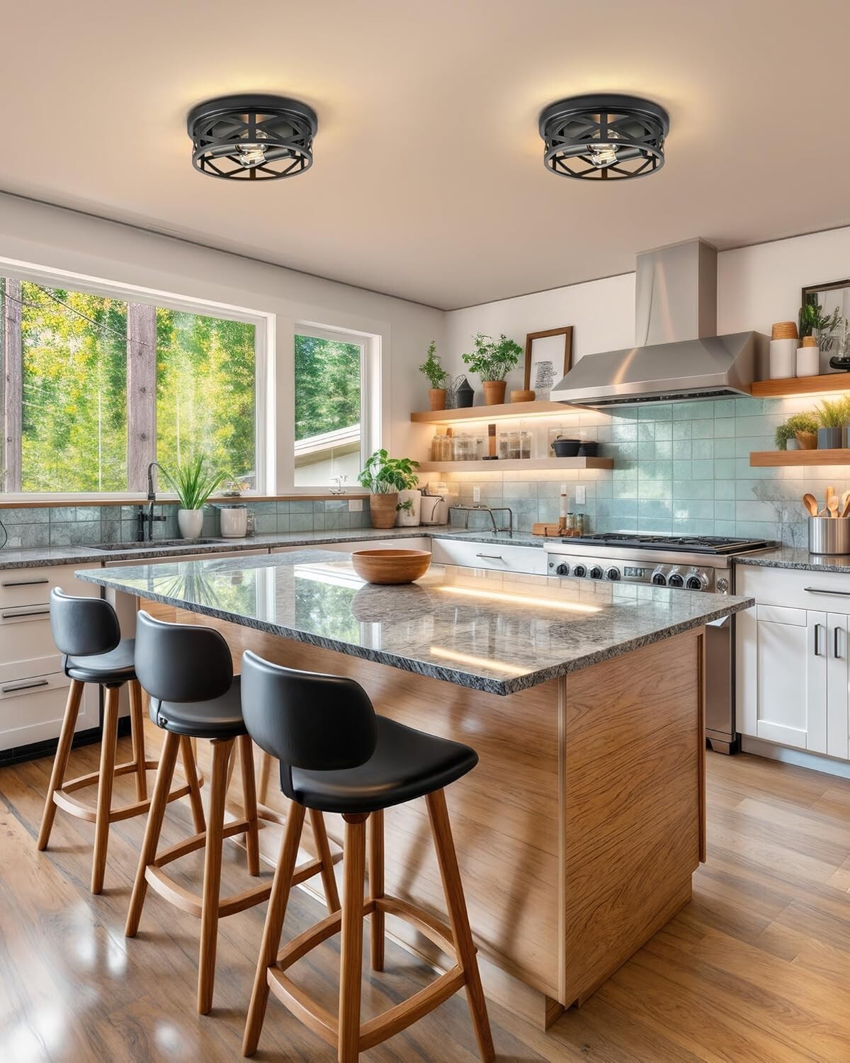 Modern Black Farmhouse Flush Mounts - 11" Adjustable Ceiling Lights Set of 2