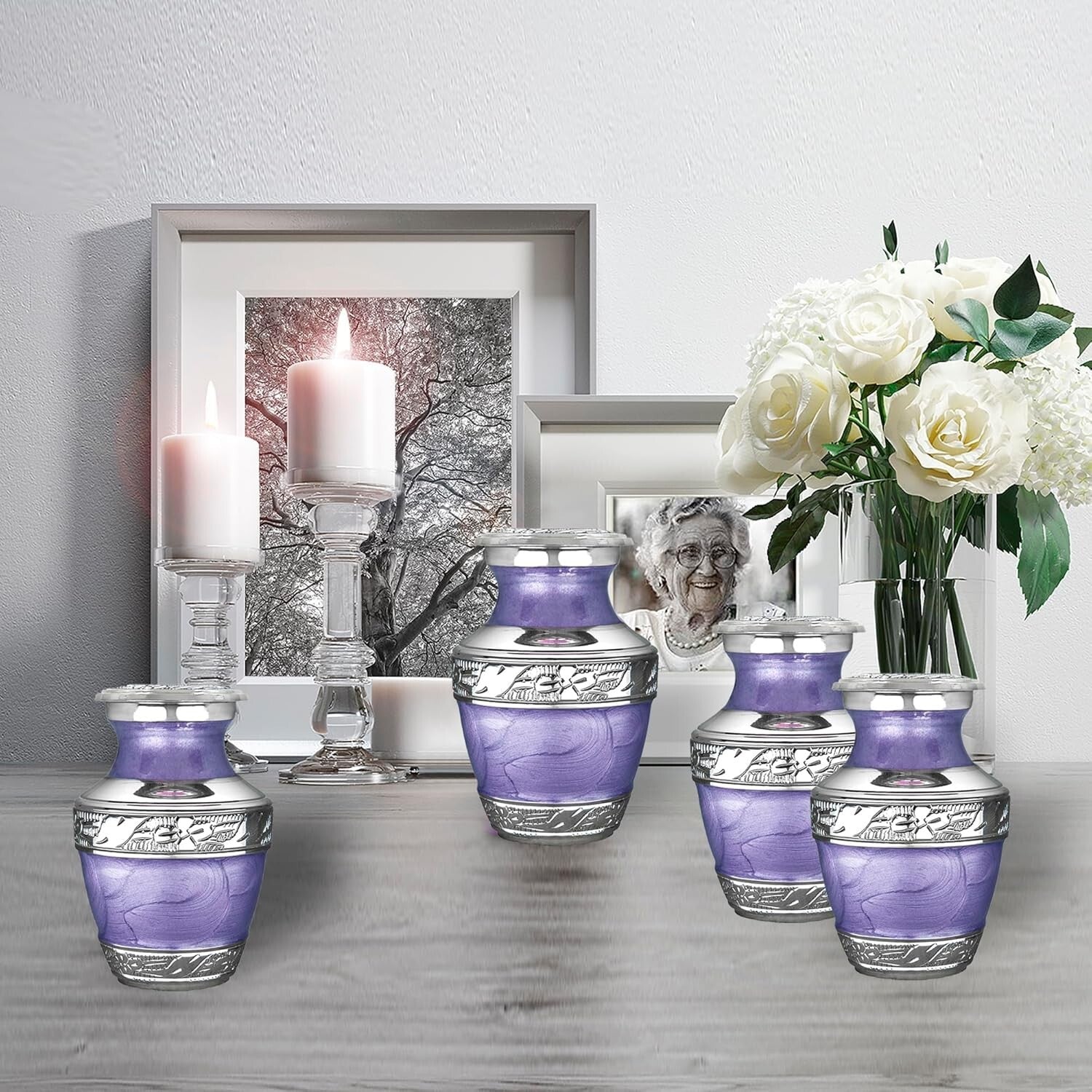 Versatile Small Urns for Ashes - Elegant Purple Brass Set of 4 with Velvet Bags