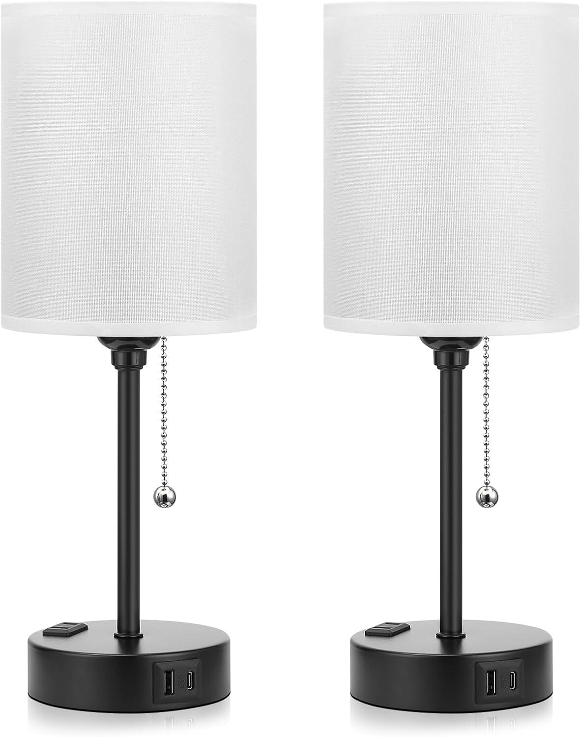 Elegant Black & White Bedside Table Lamps with USB & AC Outlet - 3 Color Modes