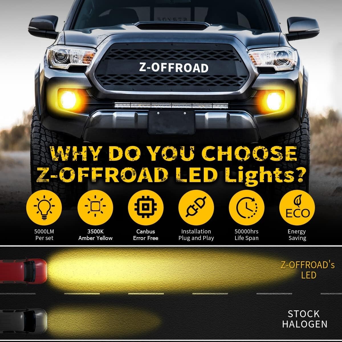 Easy Install Clear Lens Yellow LED Fog Lights for 2016-2022 Toyota Tacoma & More