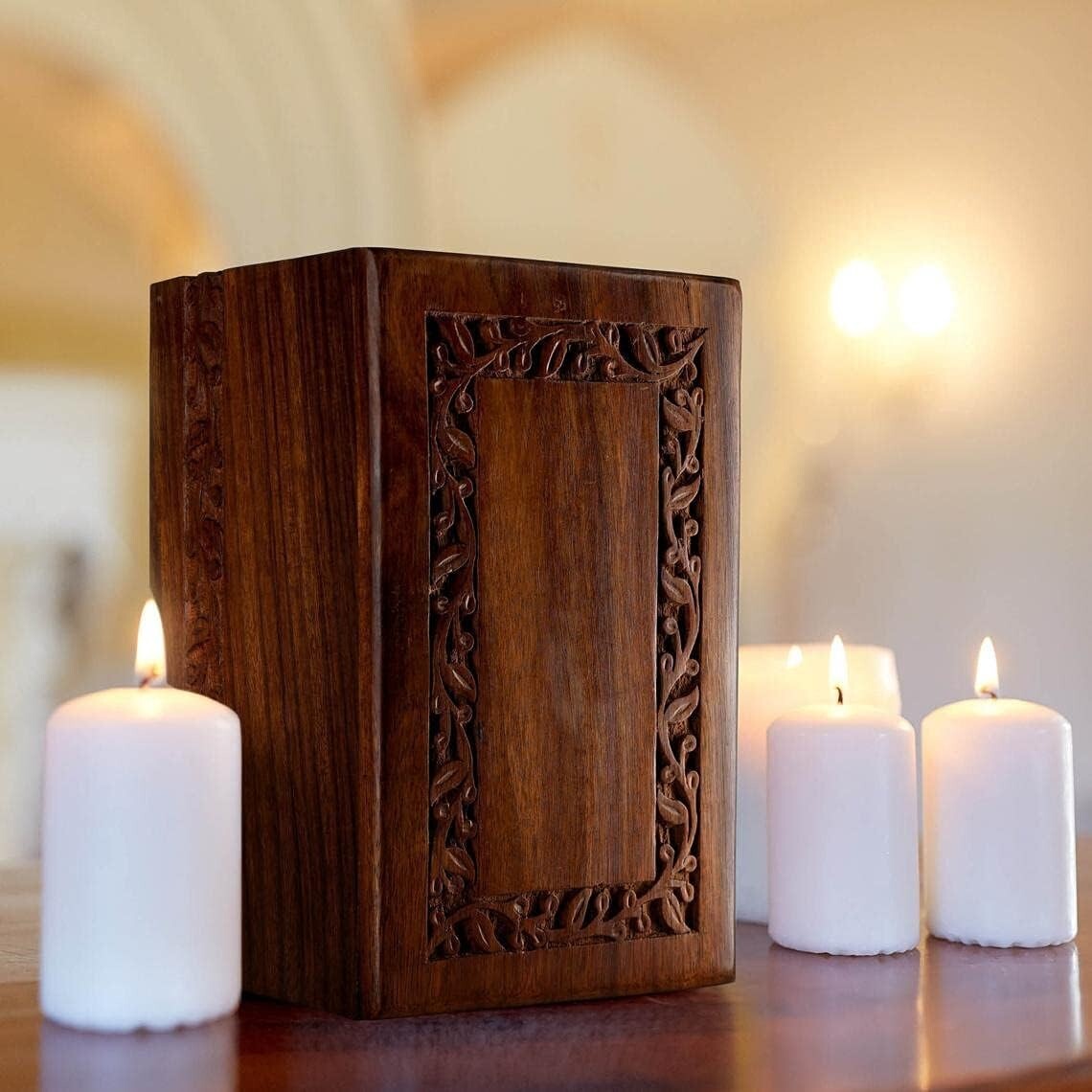Intricate Engraved Rosewood Urn for Ashes - Memorial for Adults with Velvet Bag