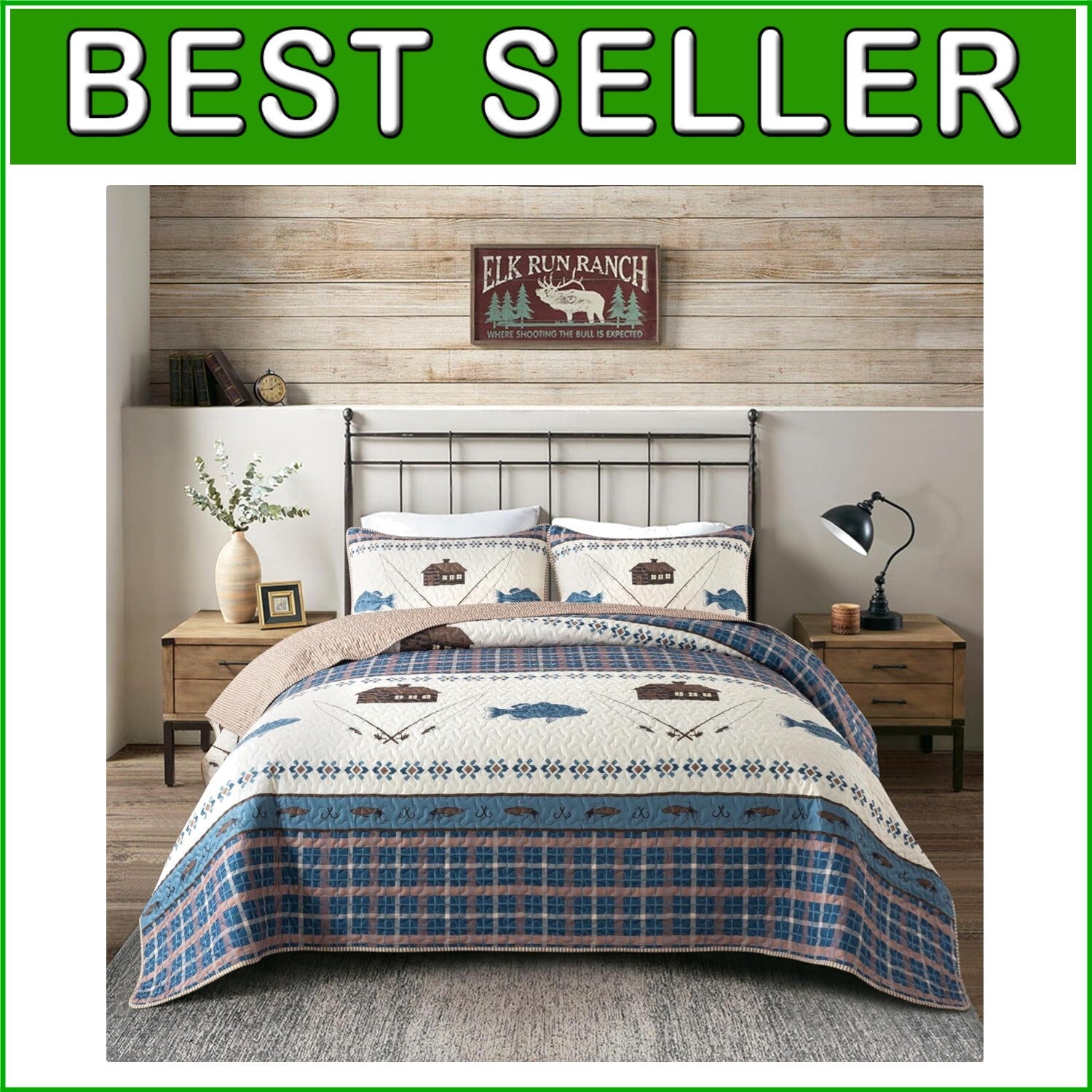 Reversible Twin Gone Fishing Quilt with Sham - Cozy Outdoor Themed Bedding