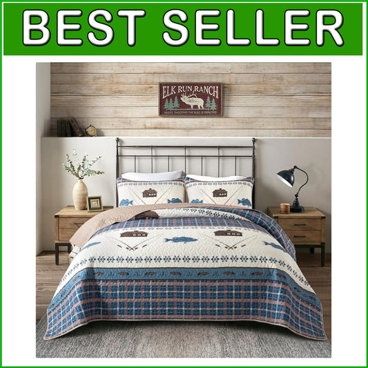 Reversible Twin Gone Fishing Quilt with Sham - Cozy Outdoor Themed Bedding