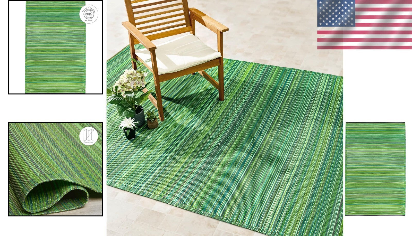 Eco-Friendly Cancun Green Outdoor Rug - Striped & Stain Resistant - 4x6 ft
