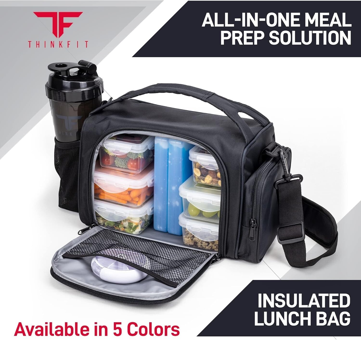 Double Insulated Meal Prep Lunch Bag with 6 Reusable Food Containers & Ice Packs