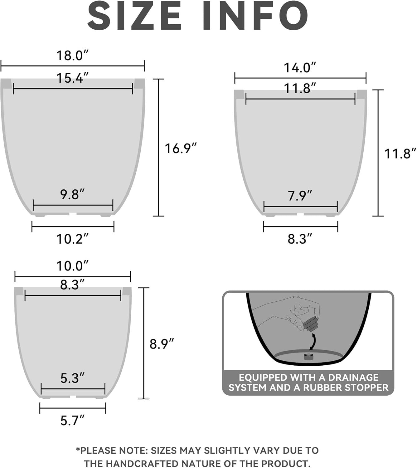 Elegant 18", 14", 10" Round Concrete Planters with Drainage for Home & Patio