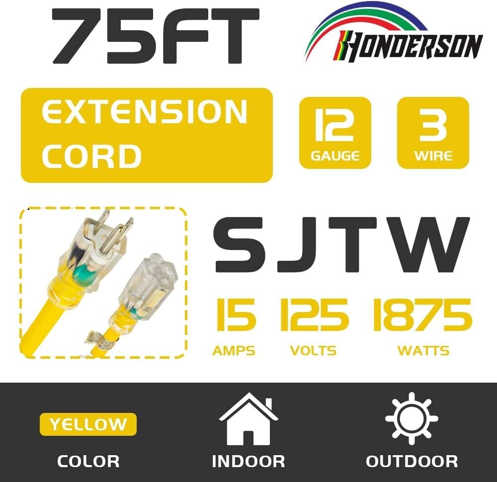 Long 75FT Yellow Extension Cord - 12 Gauge Heavy Duty with 3-Prong Ground Plug