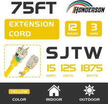 Load image into Gallery viewer, Long 75FT Yellow Extension Cord - 12 Gauge Heavy Duty with 3-Prong Ground Plug
